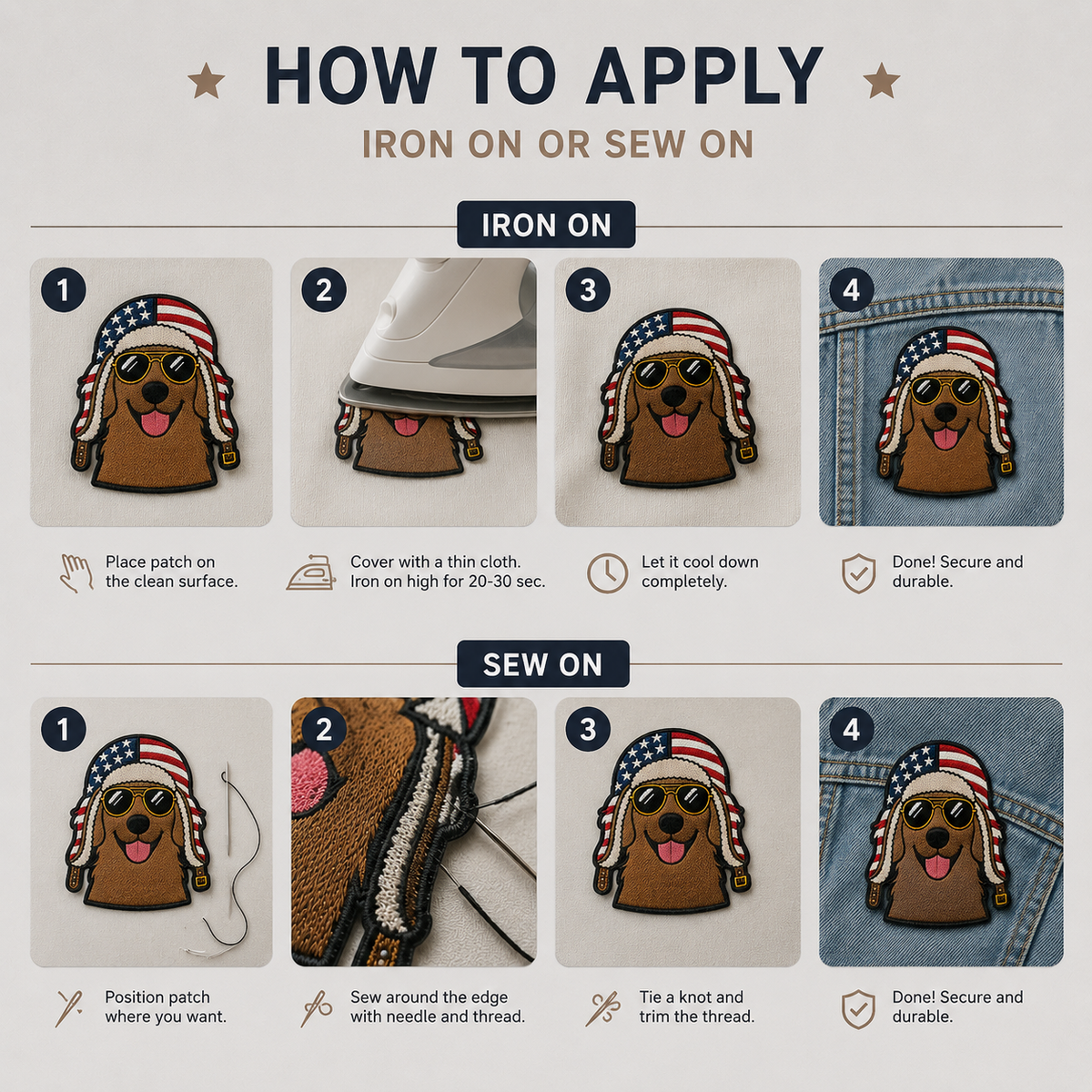 Patriotic Dog Embroidered Iron-On Patch – American Flag Aviator Dog Applique
