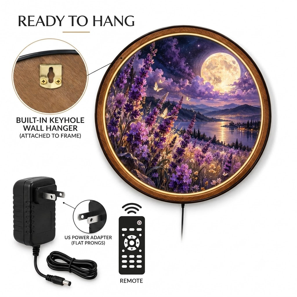 Handcrafted Lavender Moon LED Wall Art – Purple Wildflower Meadow & Full Moon, Dreamy Floral Night Sky Decor