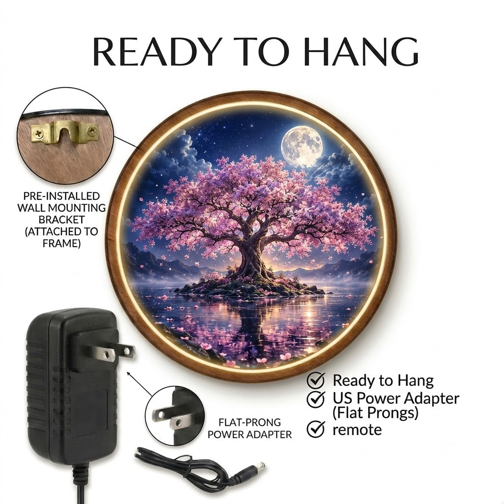Handcrafted Moonlit Cherry Blossom Tree LED Wall Art – Pink Sakura & Full Moon Japanese Nature