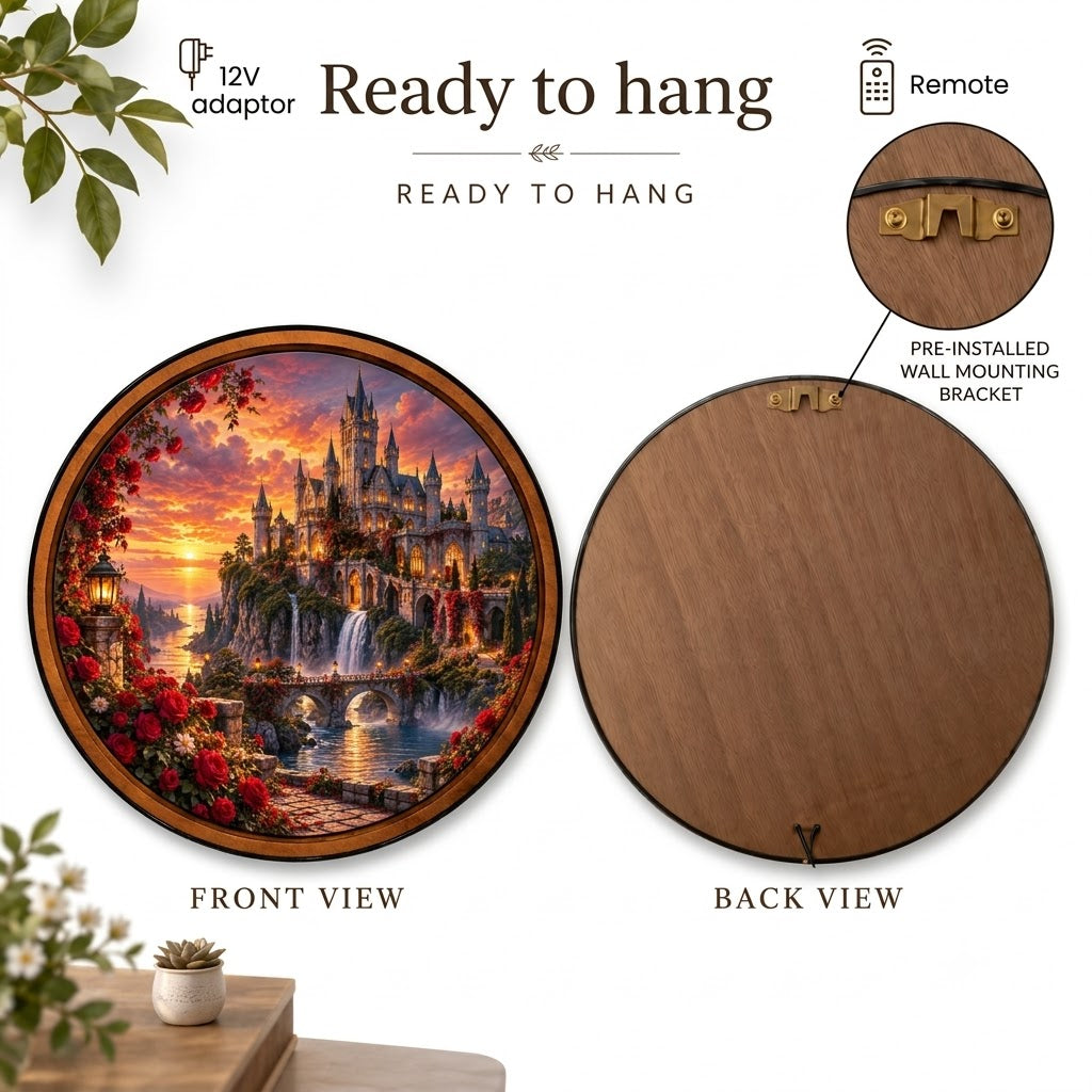 Handcrafted Rose Castle at Golden Sunset LED Wall Art