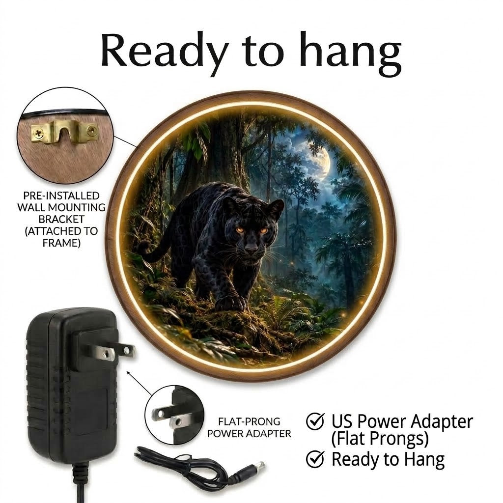 Handcrafted Black Panther Moonlit Jungle LED Wall Art