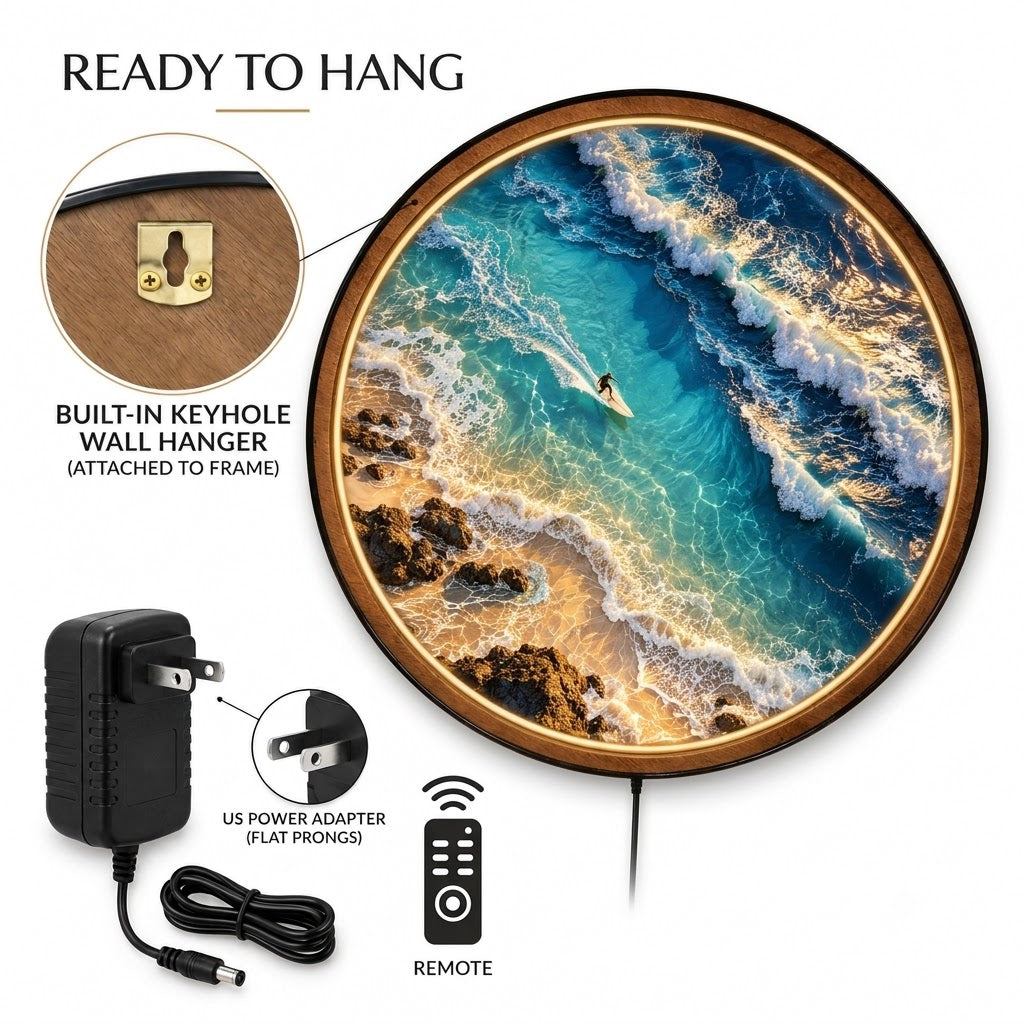 Handcrafted Ocean Waves LED Wall Art – Aerial Surfer & Turquoise Coastal Landscape, Beach House