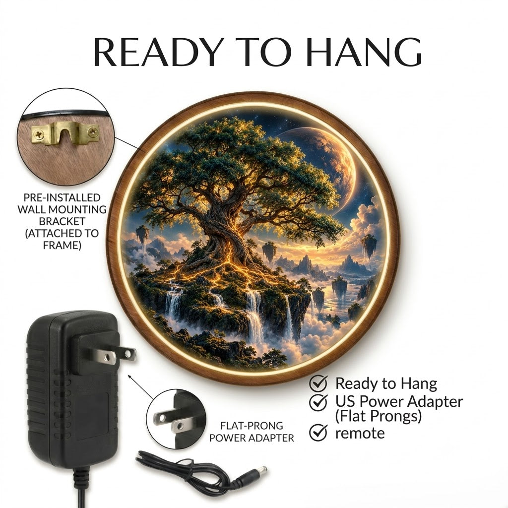 Handcrafted Tree of Life LED Wall Art – Golden Celestial Tree & Floating Islands Fantasy