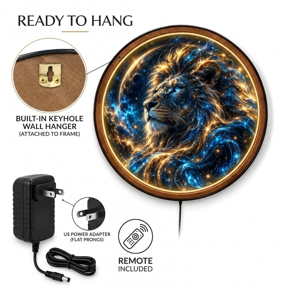Celestial Lion – Handcrafted LED Wall Art | Majestic Cosmic Lion, Blue & Gold Galaxy Art | Fantasy Home Decor