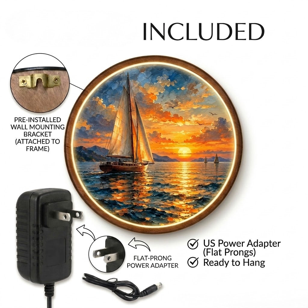 Handcrafted Golden Sunset Sailboat LED Wall Art