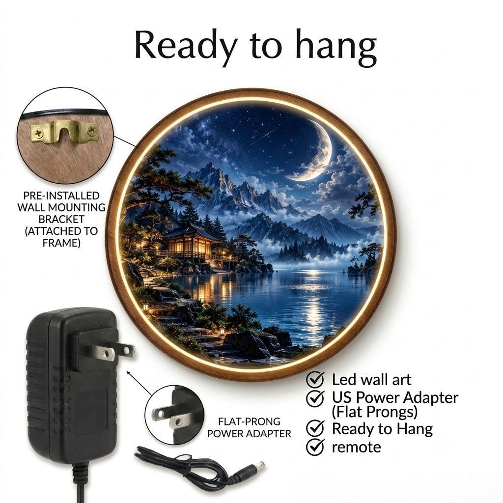 Handcrafted Moonlit Mountain LED Wall Art – Serene Lake & Japanese Pavilion