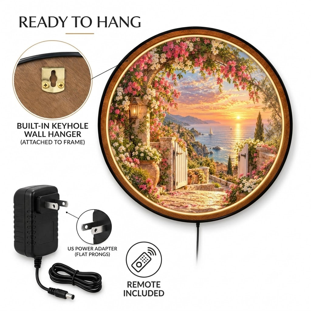 Golden Hour Gateway – Handcrafted Round LED Wall Art