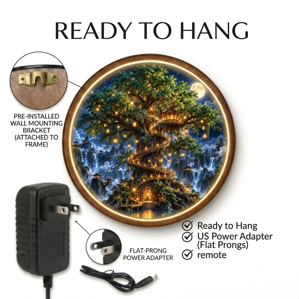 Handcrafted Enchanted Treehouse LED Wall Art – Magical Tree of Life & Moonlit