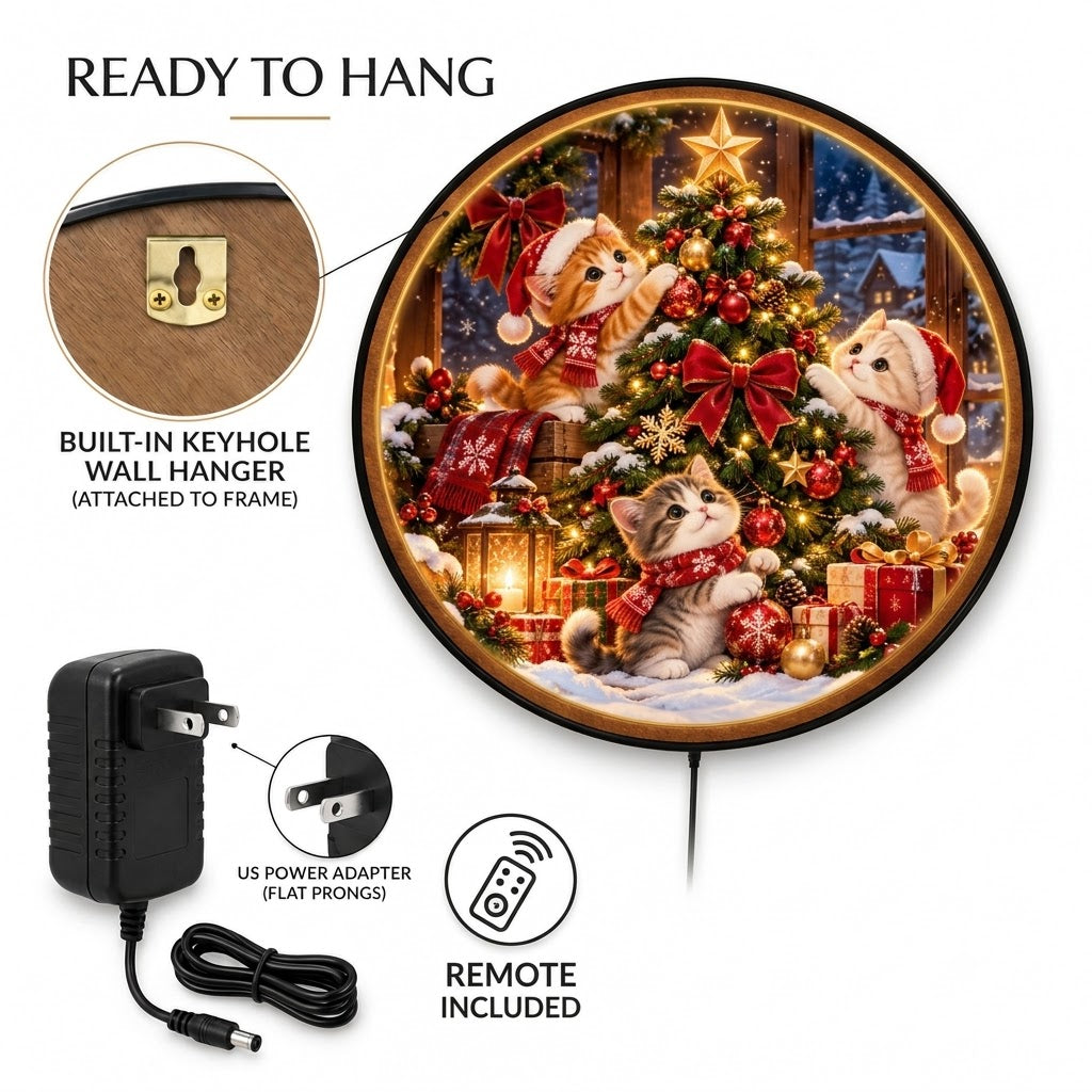Christmas Kittens – Handcrafted LED Wall Art | Cute Cats Decorating Christmas Tree