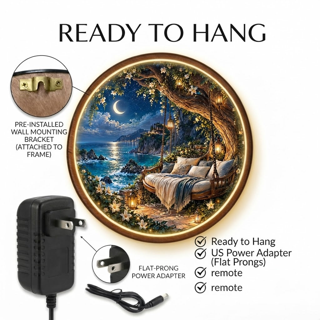 Handcrafted Moonlit Coastal Swing LED Wall Art – Enchanted Ocean Escape