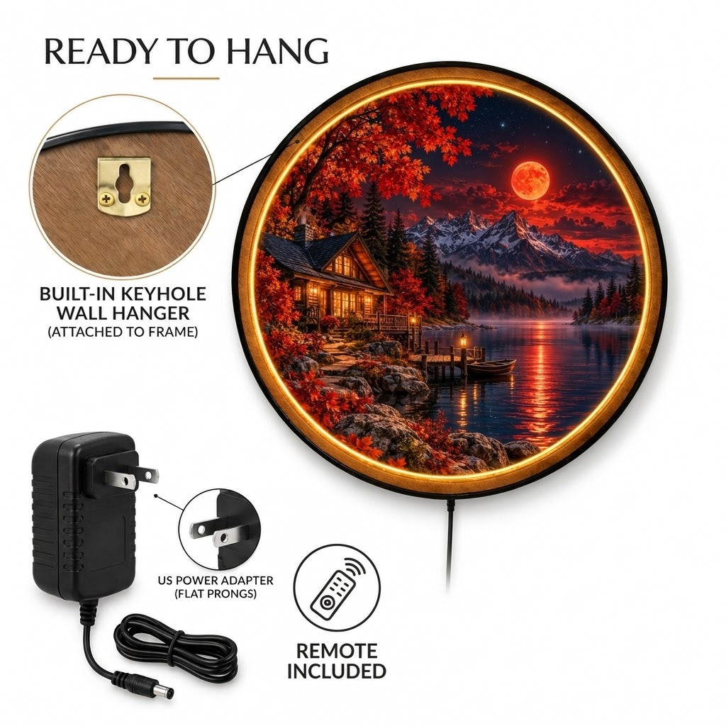 Crimson Moon – Handcrafted Autumn Cabin LED Wall Art | Red Moon Mountain Lake Decor