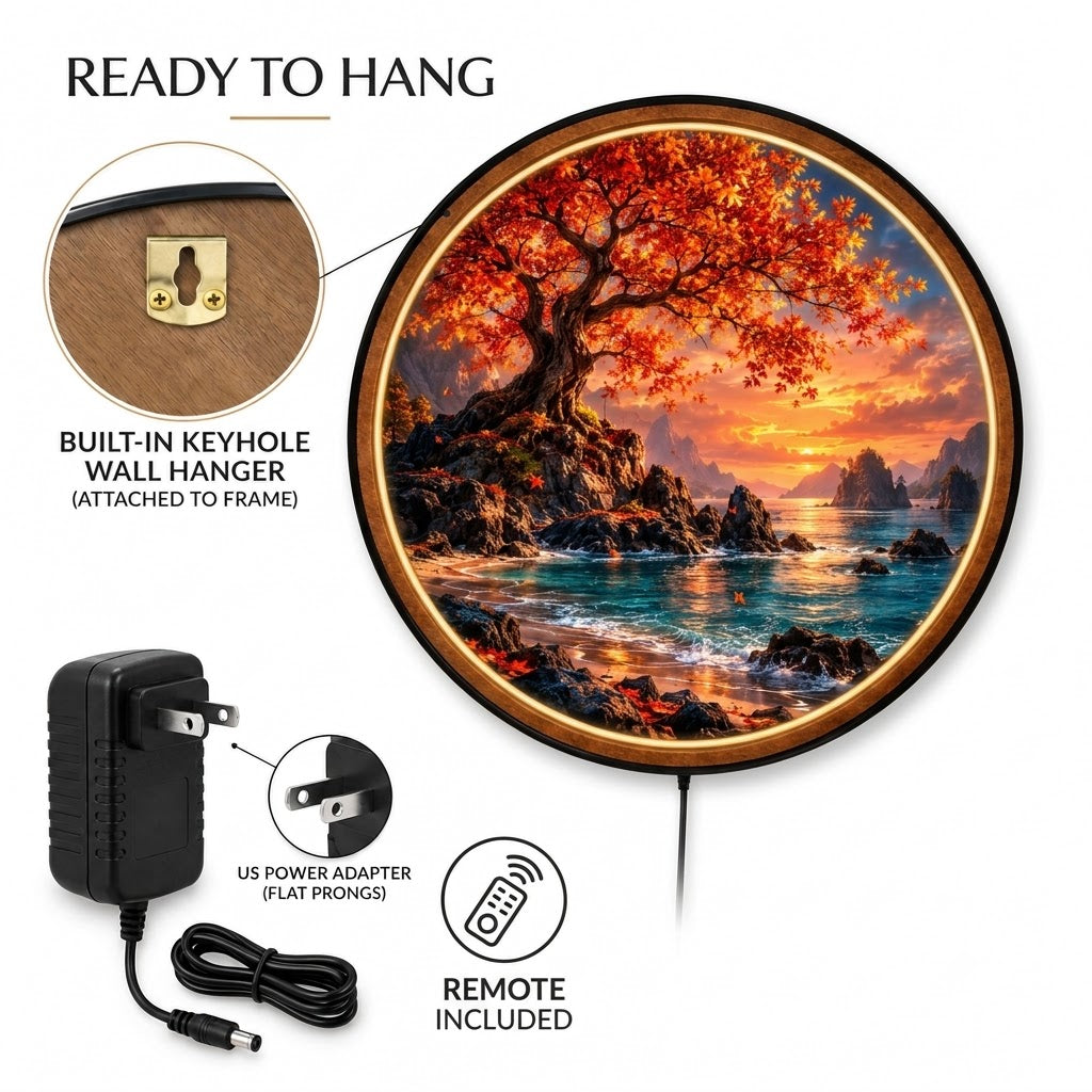 Autumn's Golden Shore – Handcrafted LED Wall Art | Red Maple Tree, Ocean Sunset & Coastal Landscape