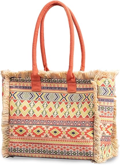 Boho Canvas Tote Bag for Women – Ethnic Style Shoulder Bag with Tassels