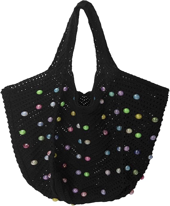 Boho Crochet Beach Tote Bag – Summer Knit Shoulder Bag with Beads