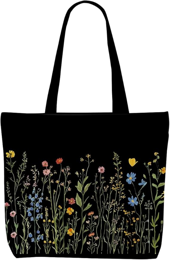 Floral Butterfly Canvas Tote Bag – Boho Shoulder Bag with Pocket for Women & Girls