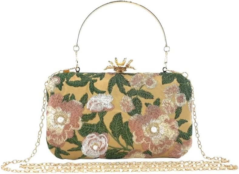 Vintage Floral Embroidered Clutch – Pearl Chain Evening Bag for Women