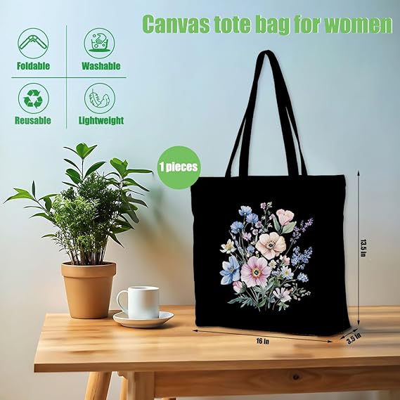 Floral Butterfly Canvas Tote Bag – Boho Shoulder Bag with Pocket for Women & Girls