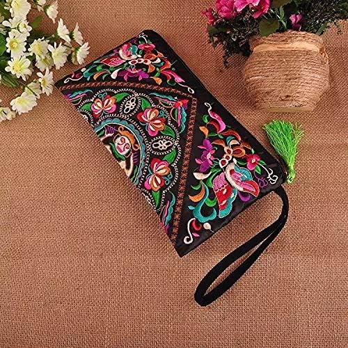 Boho Floral Embroidered Wristlet Clutch Bag for Women & Girls