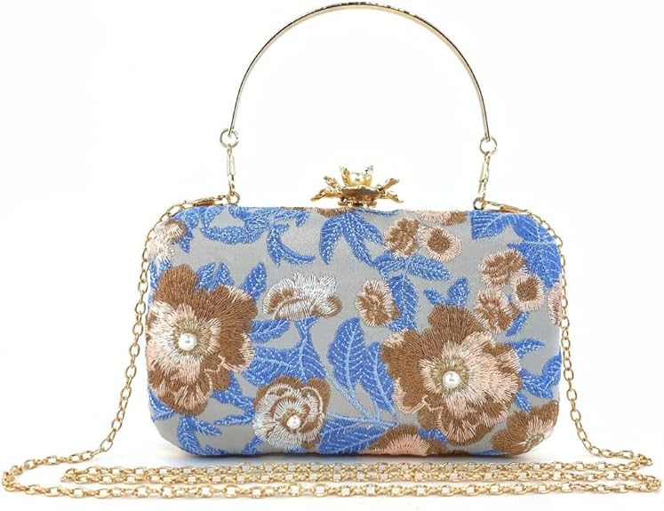 Vintage Floral Embroidered Clutch – Pearl Chain Evening Bag for Women