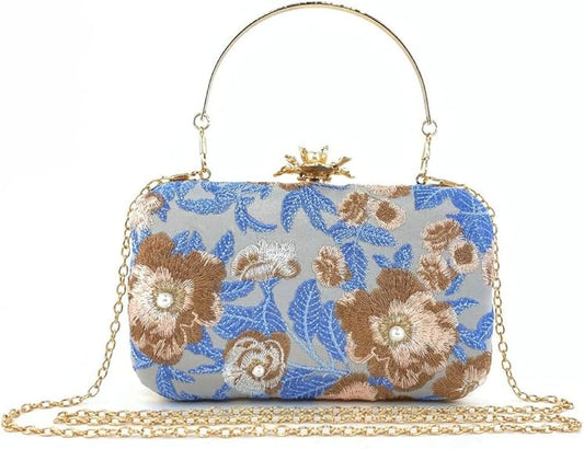 Vintage Floral Embroidered Clutch – Pearl Chain Evening Bag for Women