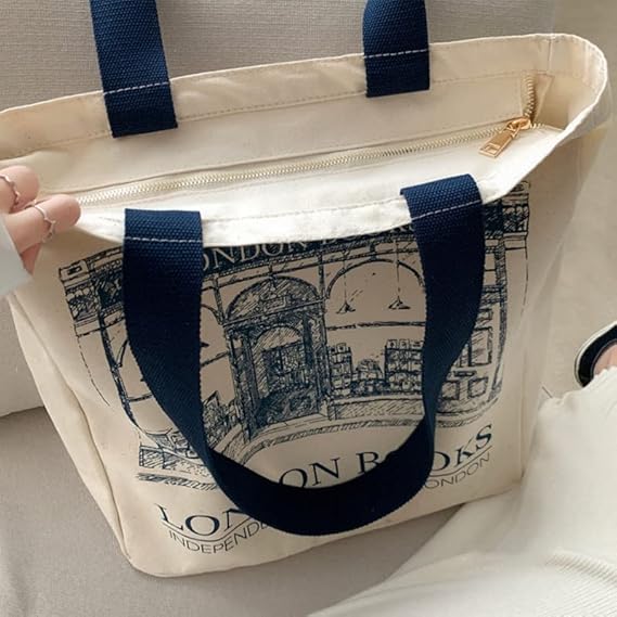 Aesthetic Book Tote Bag with Zipper – Cute Canvas Bag for Women & Gifts