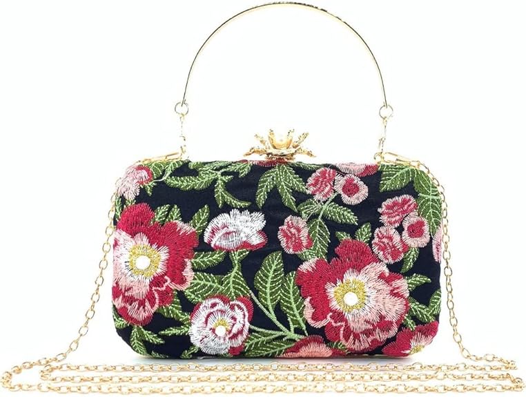 Vintage Floral Embroidered Clutch – Pearl Chain Evening Bag for Women