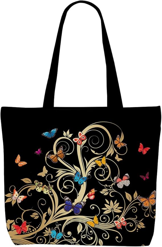 Floral Butterfly Canvas Tote Bag – Boho Shoulder Bag with Pocket for Women & Girls