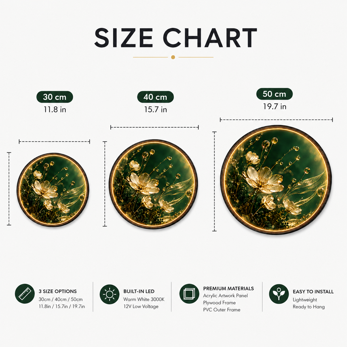 Golden Wildflowers & Dewdrops Circular LED Wall Art