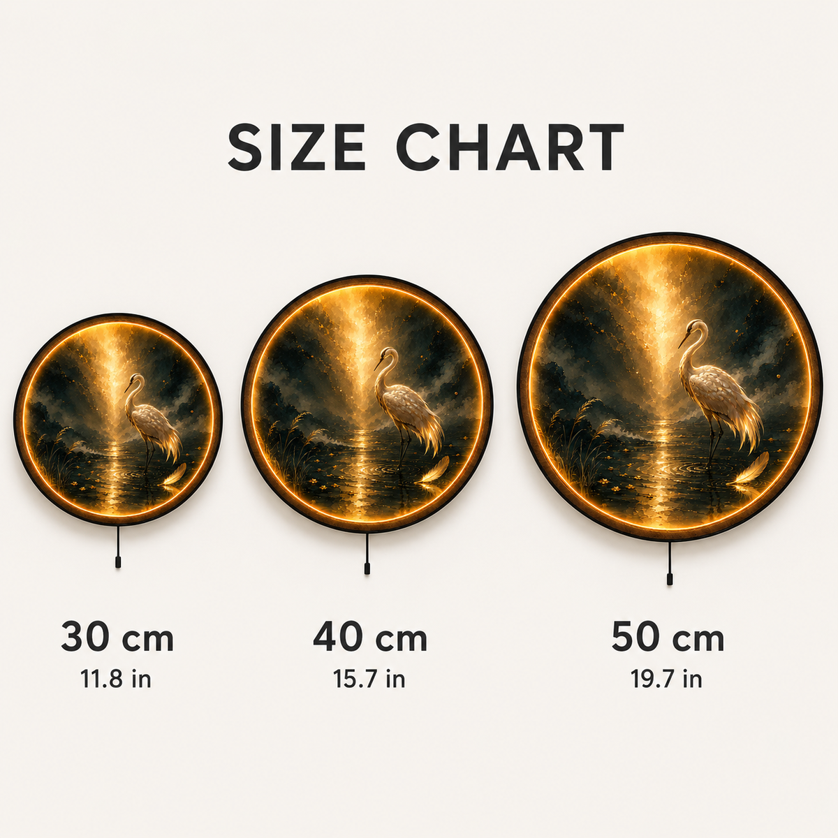 Golden Heron – Handcrafted Round LED Wall Art