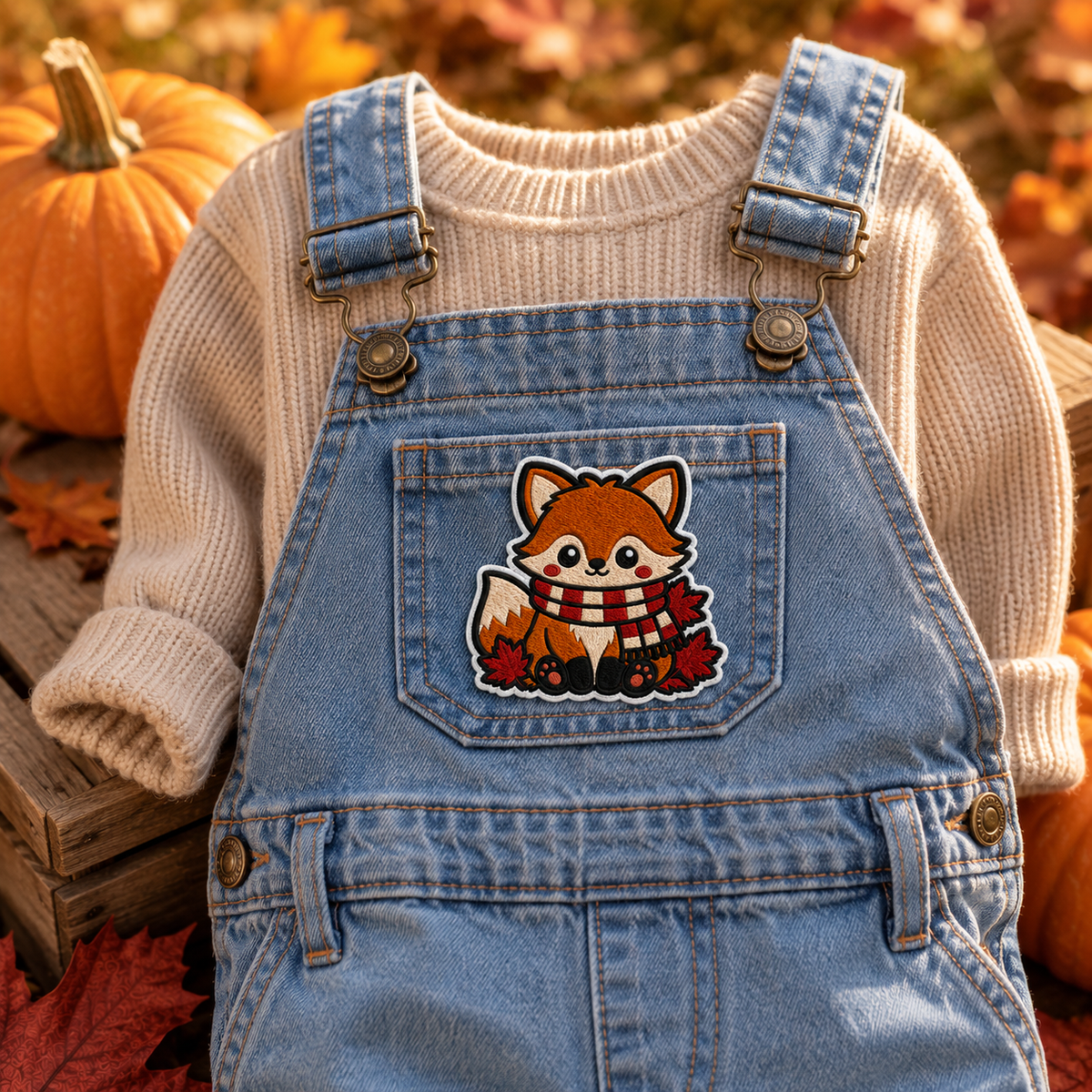 Autumn Fox Embroidered Iron-On Patch – Cozy Fall Fox with Scarf Applique