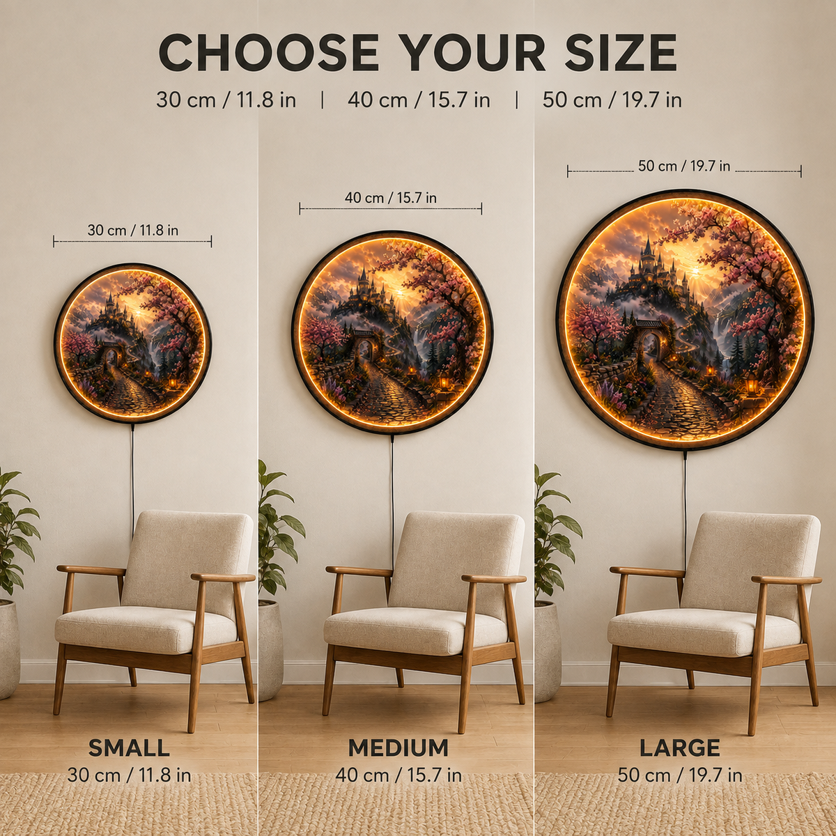 Enchanted Blossom Castle – Handcrafted Round LED Wall Art