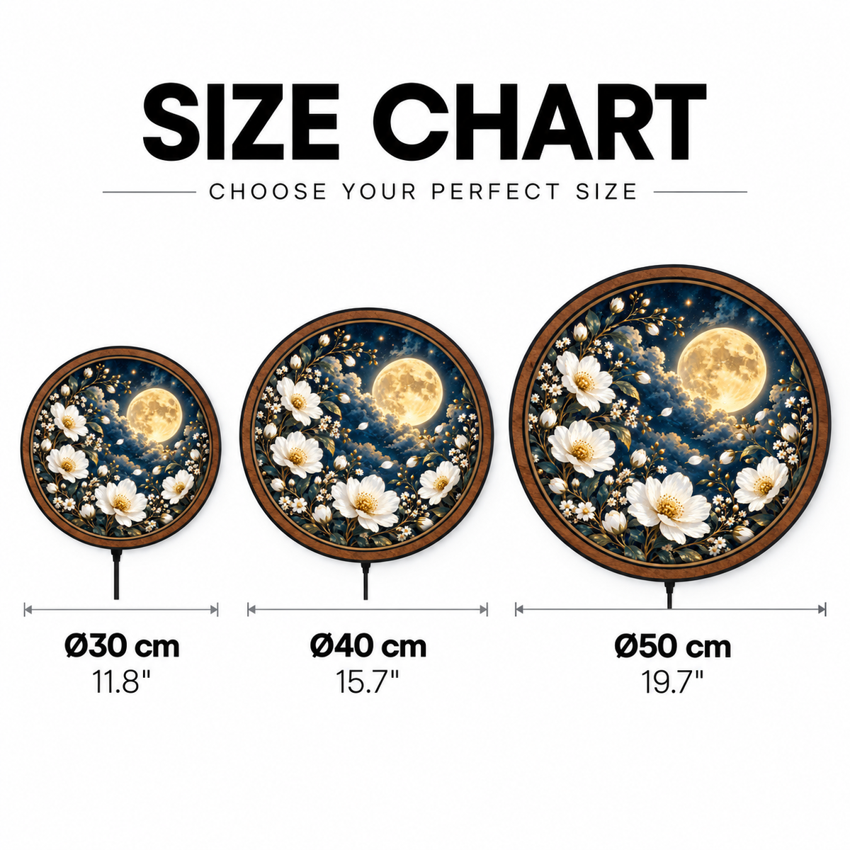 Moonlit White Garden – Golden Moon LED Wall Art