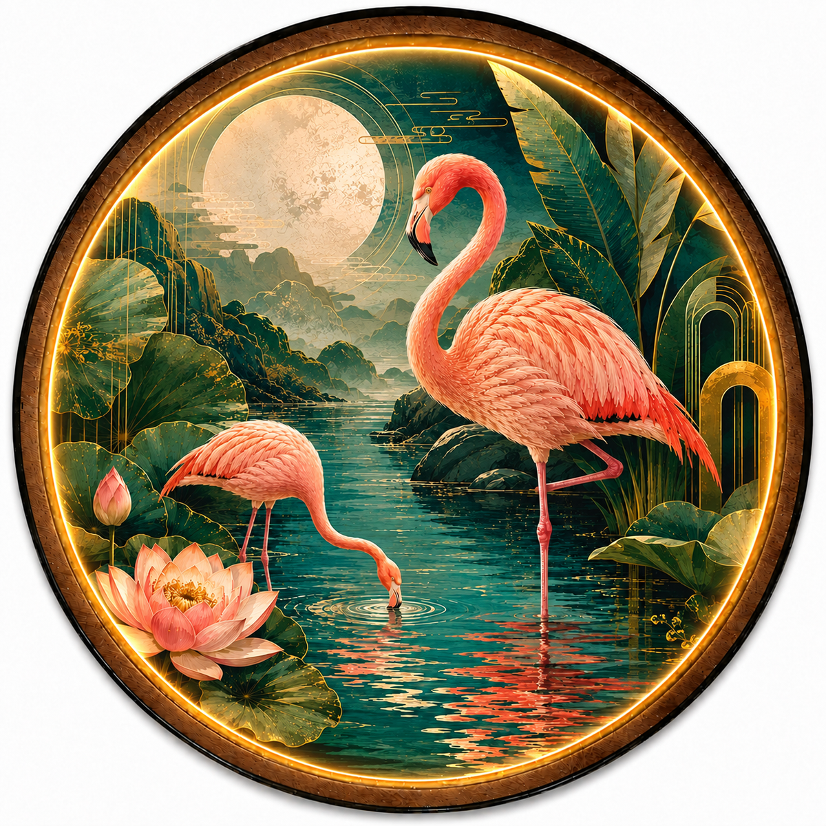 Pink Flamingo Lotus Garden Circular LED Wall Art