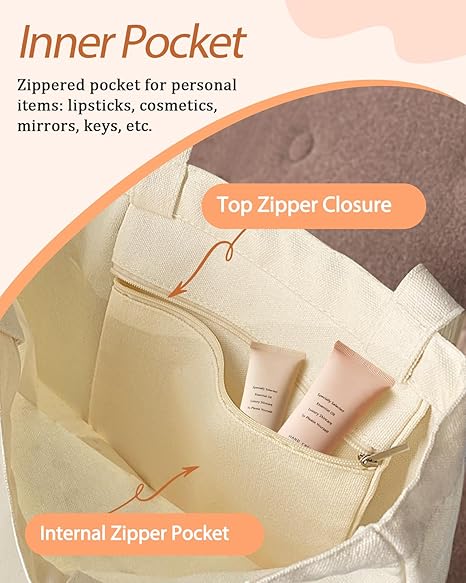 Aesthetic Canvas Tote Bag with Pocket – Cute Shoulder Bag for Women
