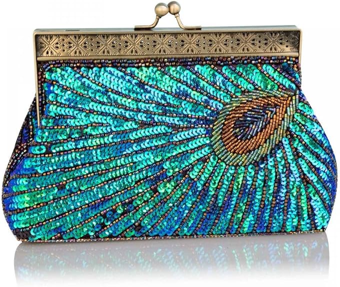 Sequin Beaded Peacock Clutch – Vintage Evening Bag for Women & Weddings