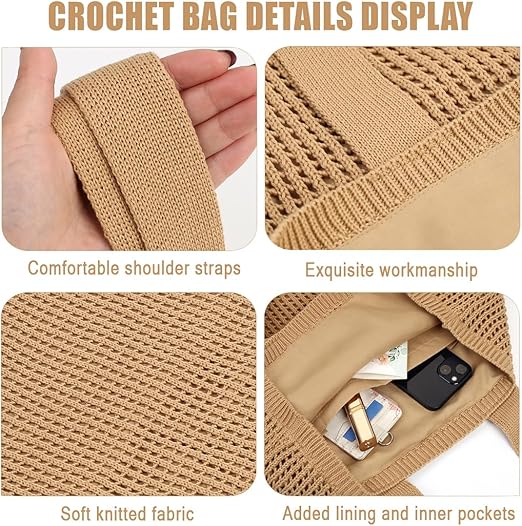 Crochet Beach Tote Bag for Women – Lined, Handmade Knit Shoulder Bag