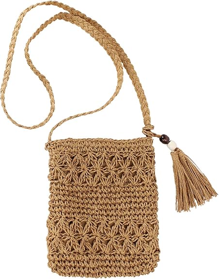 Handmade Straw Crossbody Bag – Woven Boho Shoulder Purse with Tassels for Women