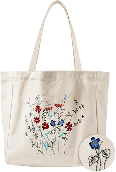 Embroidered Cotton Tote Bag for Women with Magnetic Snap and Zipper Pocket
