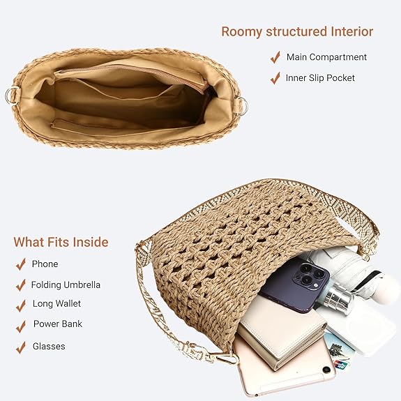 Small Straw Crossbody Bag for Women – Handmade Woven Purse with Chain