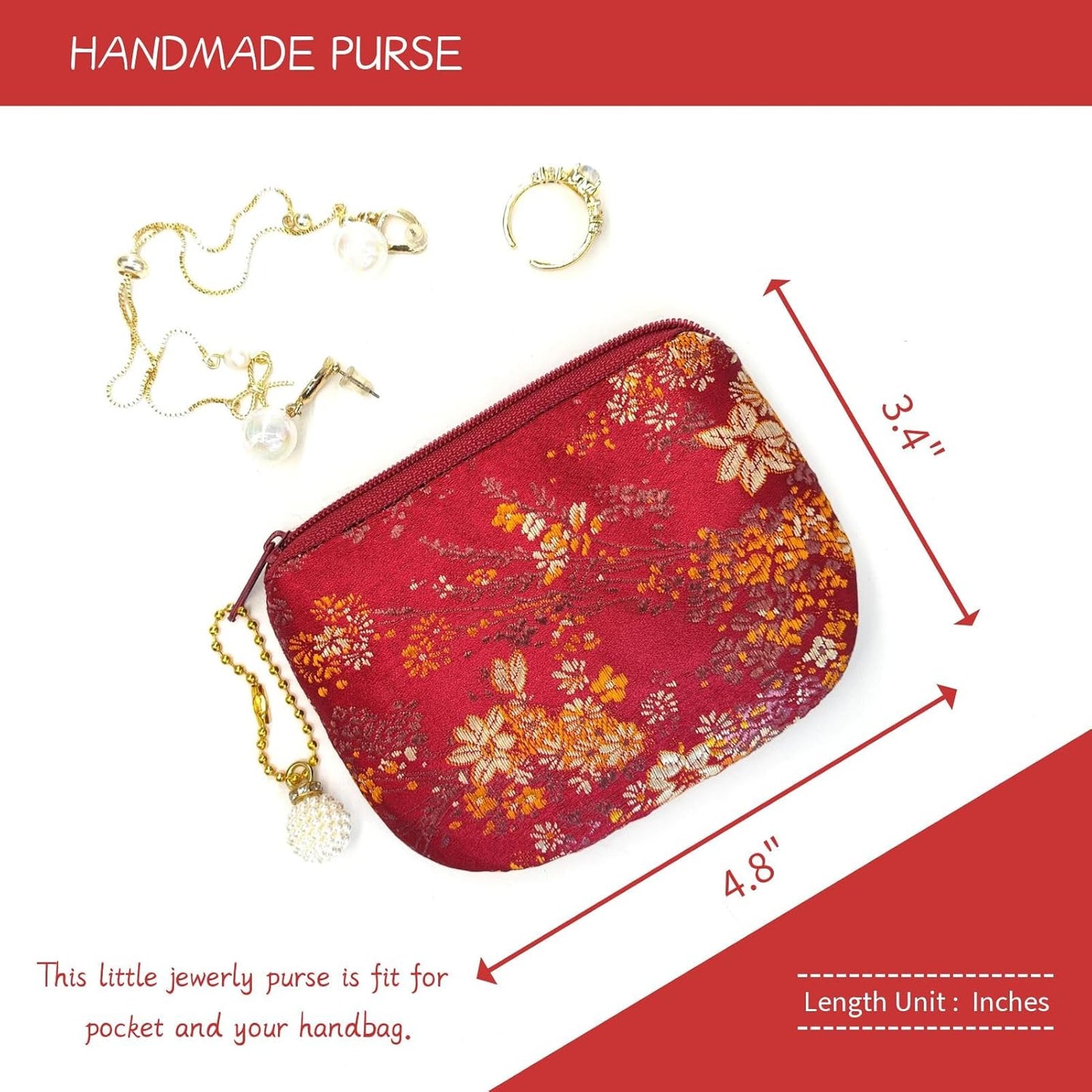Handmade Silk Brocade Jewelry Pouch Coin Purse Zipper Makeup Bag