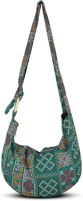 Boho Hobo Crossbody Bag – Handmade Cotton Sling Tote with Wooden Ring