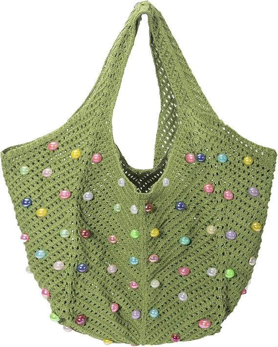 Boho Crochet Beach Tote Bag – Summer Knit Shoulder Bag with Beads