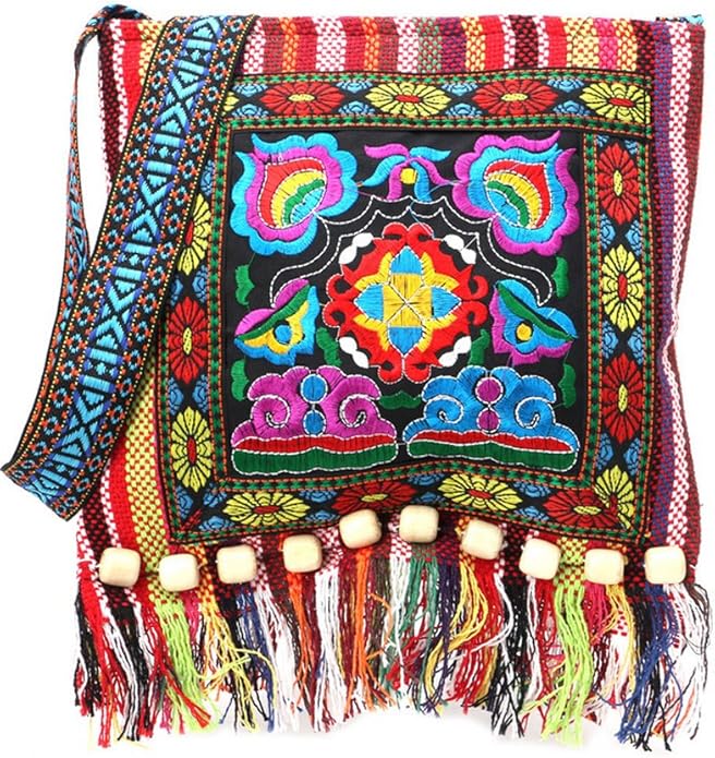 Boho Embroidered Sling Bag – Vintage Tribal Tassel Crossbody Purse