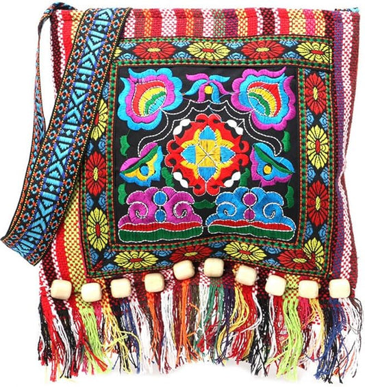 Boho Embroidered Sling Bag – Vintage Tribal Tassel Crossbody Purse
