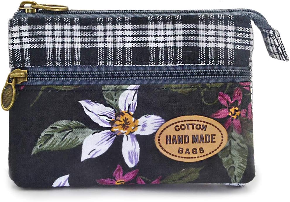 Women’s Small Embroidered Coin Purse – Double Zipper Cotton Wallet