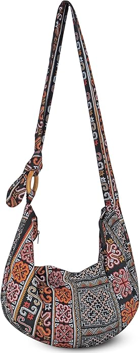Boho Hobo Crossbody Bag – Handmade Cotton Sling Tote with Wooden Ring