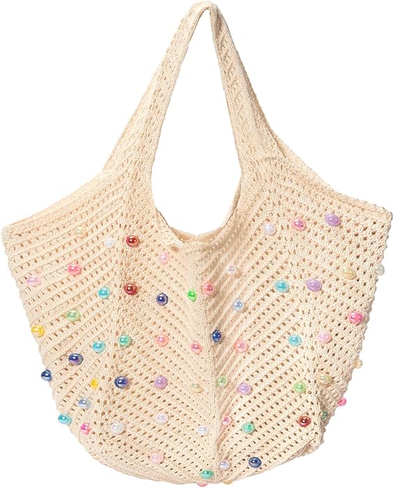 Boho Crochet Beach Tote Bag – Summer Knit Shoulder Bag with Beads