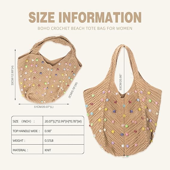 Boho Crochet Beach Tote Bag – Summer Knit Shoulder Bag with Beads