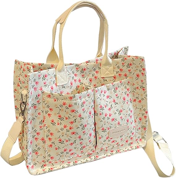 Cherry Canvas Tote Bag for Women – Cute Multi-Pocket Shoulder Purse for Work & Travel