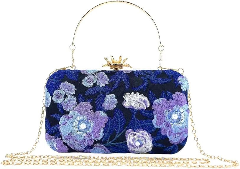 Vintage Floral Embroidered Clutch – Pearl Chain Evening Bag for Women